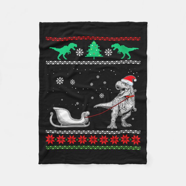 Womens Dinosaur Sleigh Merry Christmas Ugly Christ Fleece Blanket (Front)
