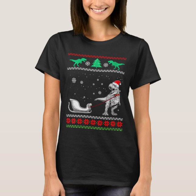 Womens Dinosaur Sleigh Merry Christmas Ugly Christ T-Shirt (Front)