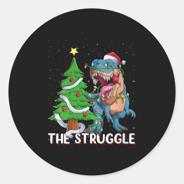 Womens Dinosaur Xmas Lights Funny T-rex Dino Men B Classic Round Sticker (Front)