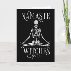 Womens Distressed Halloween Yoga Skeleton Namaste Card