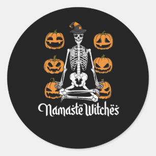 Womens Distressed Halloween Yoga Skeleton Namaste  Classic Round Sticker