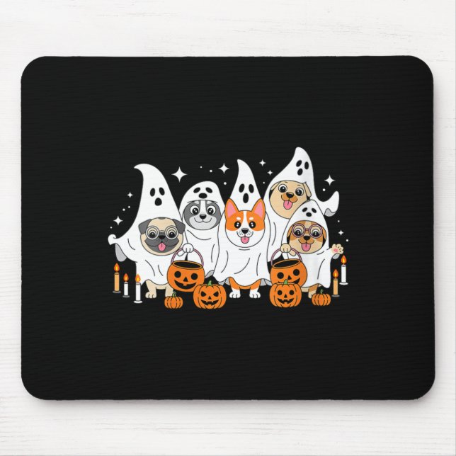 Womens Dog Ghost Halloween V-Neck Mouse Mat (Front)