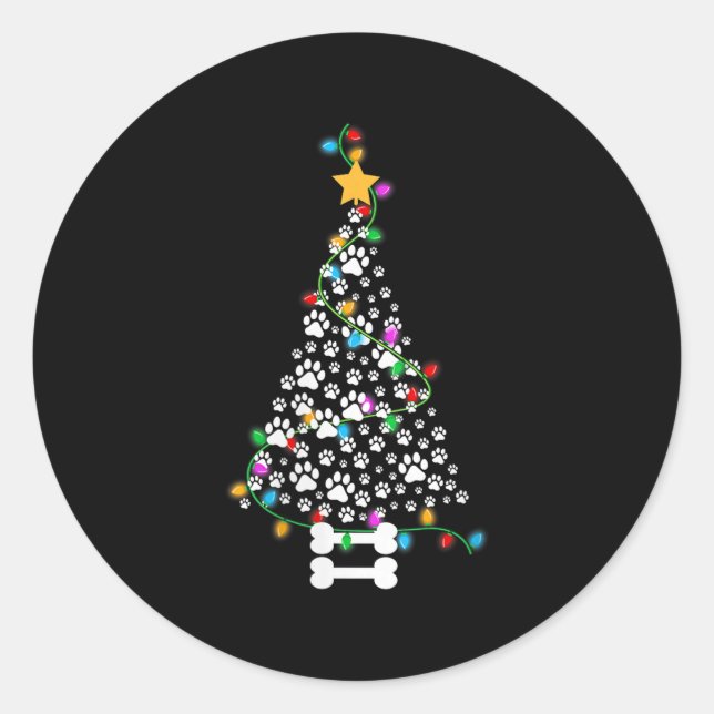 Womens Dog Paw Christmas Tree Lights Funny Puppy D Classic Round Sticker (Front)