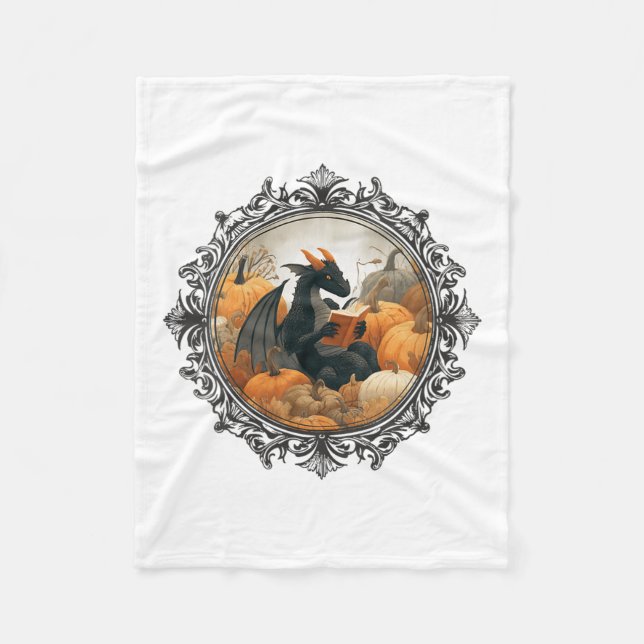 Womens Dragon Reading Books With Fall Pumpkin Fant Fleece Blanket (Front)