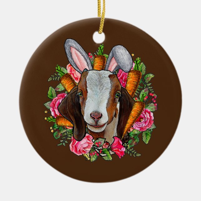 Womens Easter Bunny Goat Funny Farmer Easter Goat Ceramic Tree Decoration (Front)