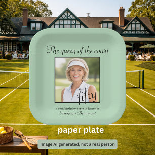 Women's Elegant Photo Tennis 50th Birthday Party Paper Plate