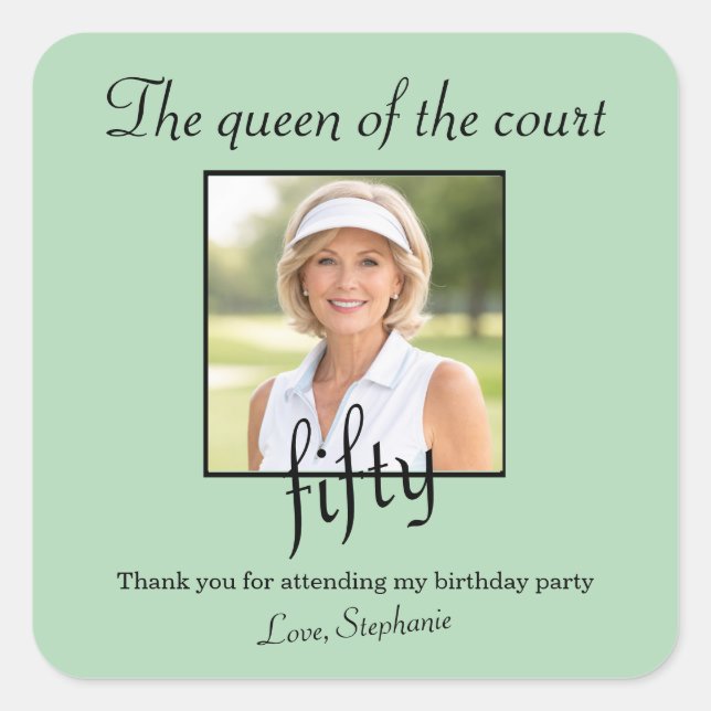 Women's Elegant Photo Tennis 50th Birthday Party Square Sticker (Front)
