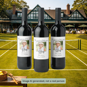 Women's Elegant Photo Tennis 50th Birthday Party Wine Label