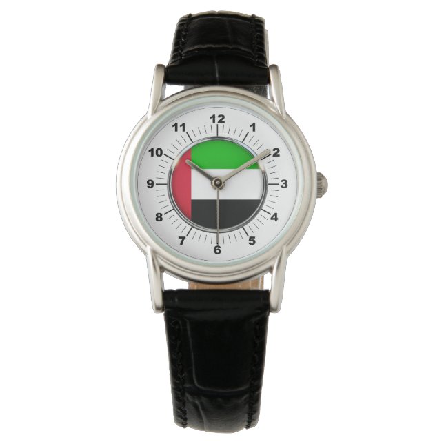 Women's Emirates Flag Black Leather Strap Watch (Front)