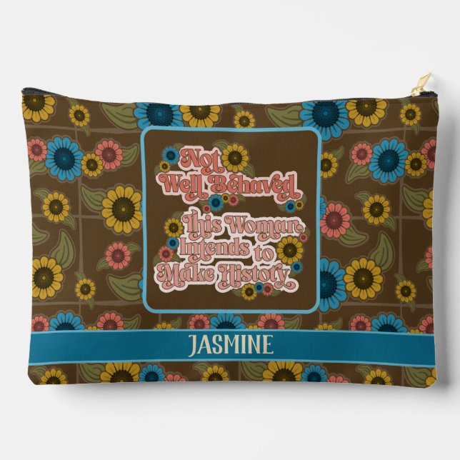 Women's Empowerment Retro 60s and 70s Floral Blue Accessory Pouch (Back)