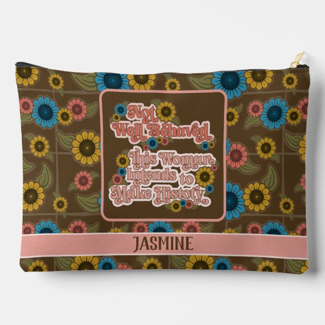 Women's Empowerment Retro 60s and 70s Floral Pink Accessory Pouch (Back)