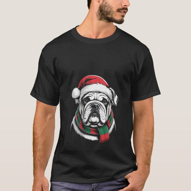 Womens English Bulldog Xmas Santa Hat Scarf Christ T-Shirt (Front)