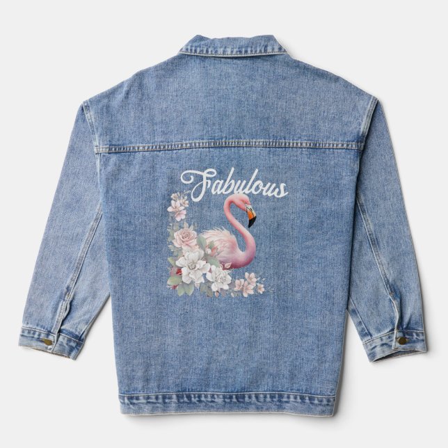 Womens Fabulous Flamingo Floral Pink  Denim Jacket (Back)