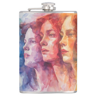 Women's Faces - Watercolor Painting Hip Flask