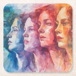 Women's Faces - Watercolor Painting Square Paper Coaster