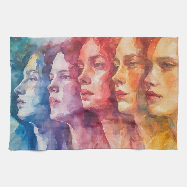 Women's Faces - Watercolor Painting Tea Towel (Horizontal)