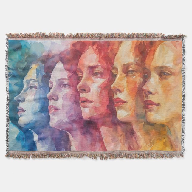 Women's Faces - Watercolor Painting Throw Blanket (Front)