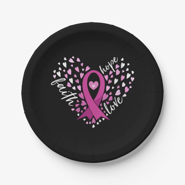 Womens Faith Hope Love Breast Cancer Awareness Pin Paper Plate (Front)