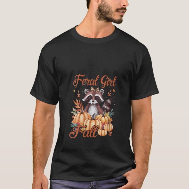 Womens Feral Girl Fall Racoon Pumpkin Season Cosy T-Shirt (Front)