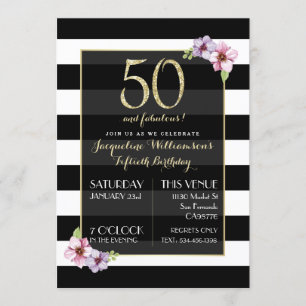 Women's Fifty & Fabulous   Modern Floral Stripes Invitation