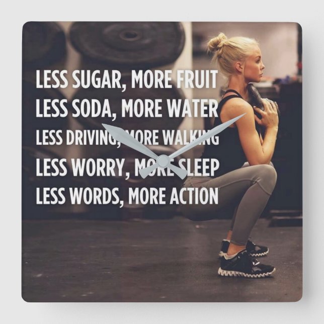 Women's Fitness Inspirational Words - More Action Square Wall Clock (Front)