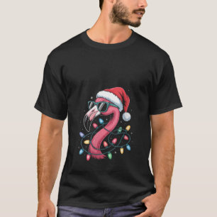Womens Flamingo Christmas in July Lights Santa Hat T-Shirt