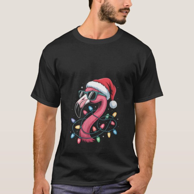 Womens Flamingo Christmas in July Lights Santa Hat T-Shirt (Front)