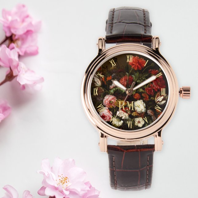 Womens Floral Art Elegant Rose Gold Monogrammed Watch (Womens Floral Art Elegant Rose Gold Monogrammed Watch)