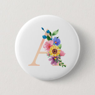 Womens Floral Flowers Letter A Initial Name Teens 6 Cm Round Badge