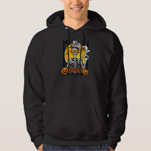 Womens Floral Pumpkin Skeleton Messy Bun Drinking Hoodie
