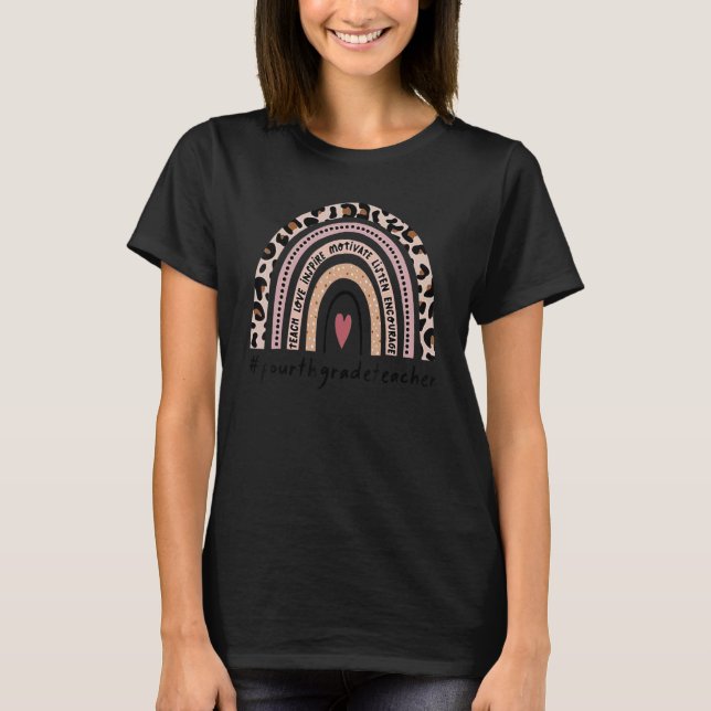 Womens Fourth Grade Teacher Leopard Rainbow T-Shirt (Front)