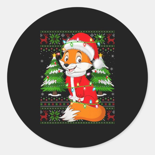 Womens Fox Christmas Lights Santa Costume Ugly Xma Classic Round Sticker (Front)