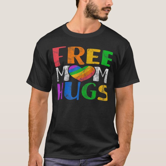 Womens Free Mom Hugs LGBT Rainbow Heart Gay Lesbia T-Shirt (Front)