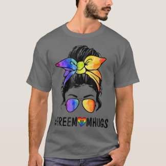 Womens Free Mum Hugs Messy Bun LGBT Pride Rainbow  T-Shirt
