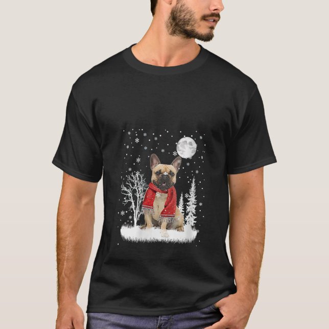 Womens French Bulldog Under Moonlight Snow Christm T-Shirt (Front)
