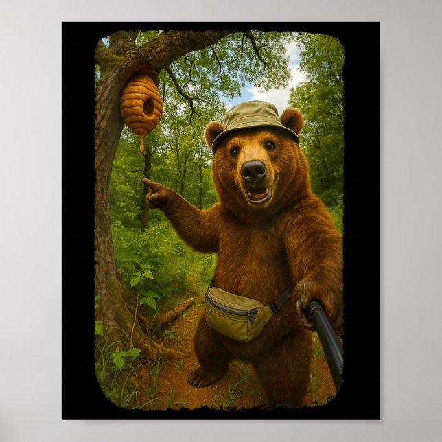 Womens Funny Bear Selfie Near Beehive Hiking Throu Poster (Front)