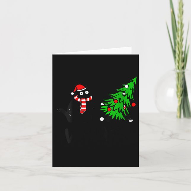 Womens Funny Black Cat Gift Pushing Christmas Tree Card (Front)