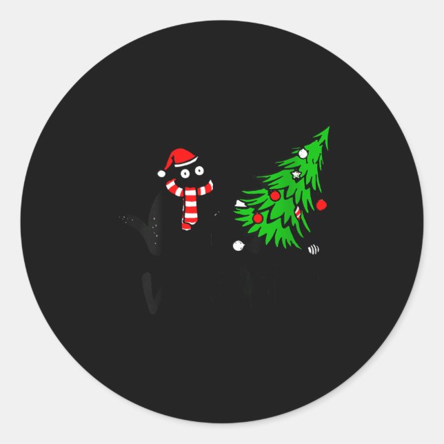 Womens Funny Black Cat Gift Pushing Christmas Tree Classic Round Sticker (Front)