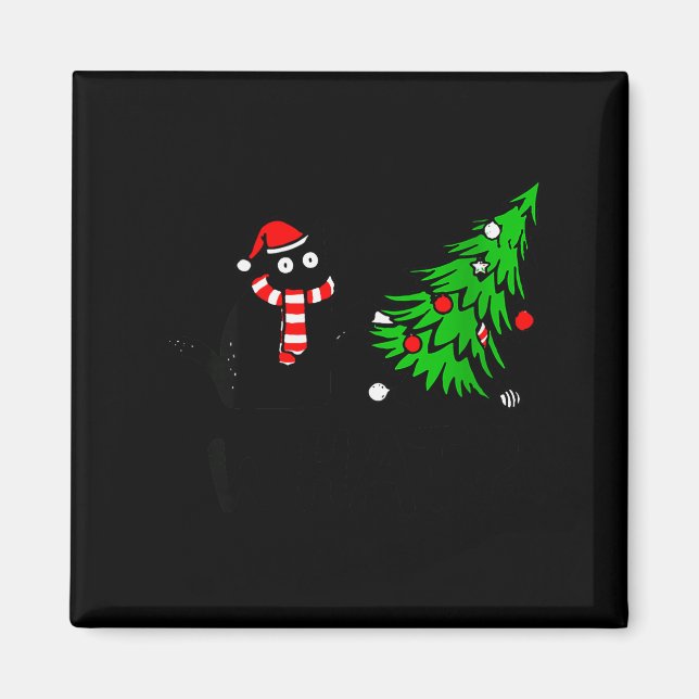 Womens Funny Black Cat Gift Pushing Christmas Tree Magnet (Front)