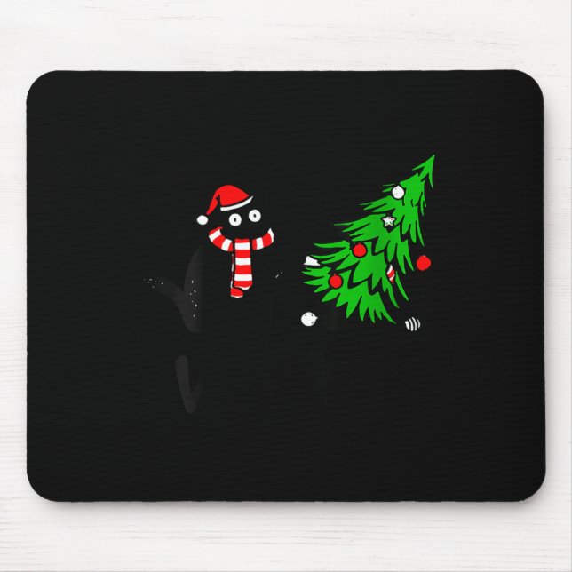 Womens Funny Black Cat Gift Pushing Christmas Tree Mouse Mat (Front)