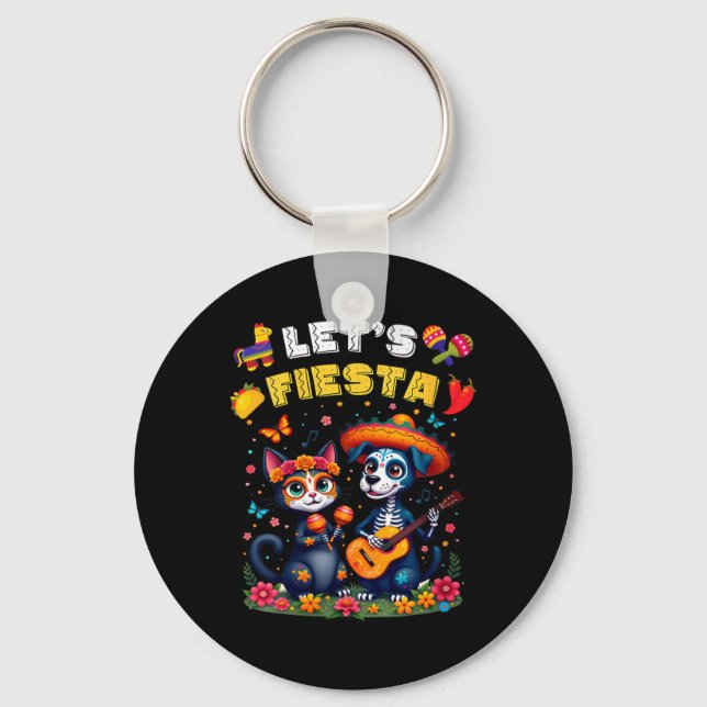 Womens Funny Cat And Dog Sugar Skull Lets Fiesta Key Ring (Front)