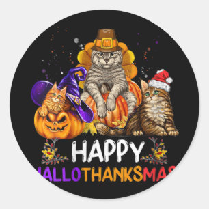 Womens Funny Cat Happy Hallothanksmas Halloween Ch Classic Round Sticker