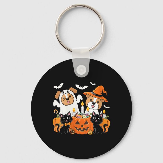 Womens Funny Halloween Dog Dressed As Ghost Key Ring (Front)