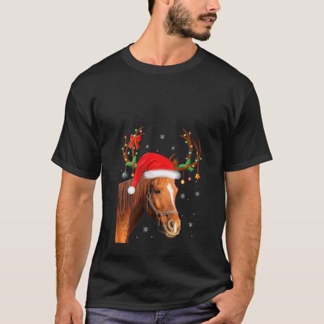 Womens Funny Horse Lover Xmas Lights Reindeer Sant T-Shirt (Front)
