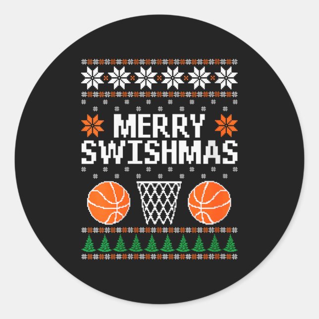 Womens Funny Merry Swishmas Xmas Basketball Ugly C Classic Round Sticker (Front)