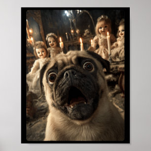 Womens Funny Pug Selfie With Creepy Dolls Spooky Poster