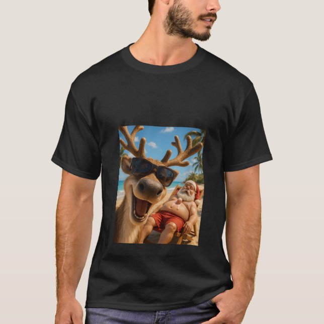 Womens Funny Reindeer Beach Selfie Christmas in Ju T-Shirt (Front)
