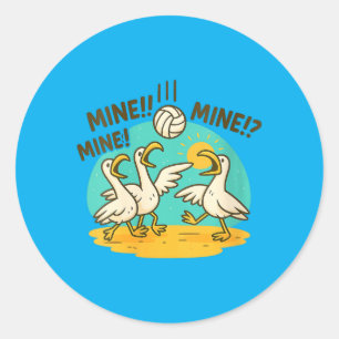 Womens Funny Seagulls Volleyball Beach Cartoon Classic Round Sticker