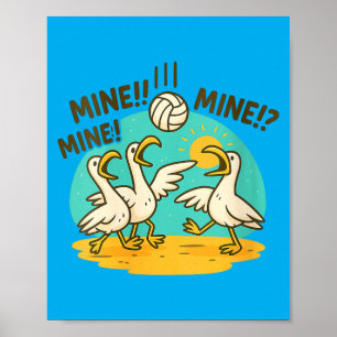 Womens Funny Seagulls Volleyball Beach Cartoon Poster