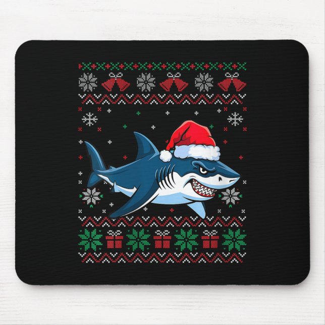 Womens Funny Ugly Christmas Shark Santa Hat Lights Mouse Mat (Front)